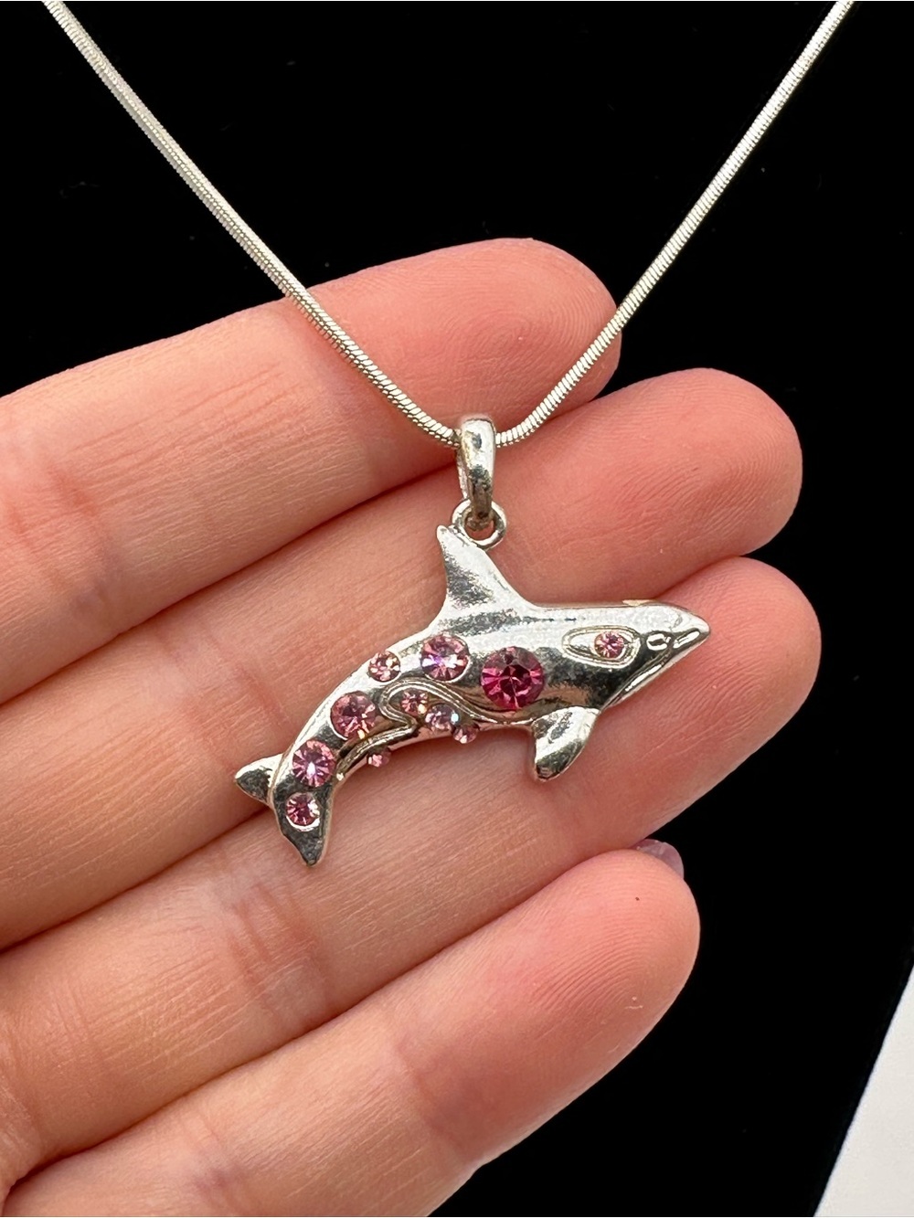 Silver Dolphin Pendant Necklace with Pink Crystals